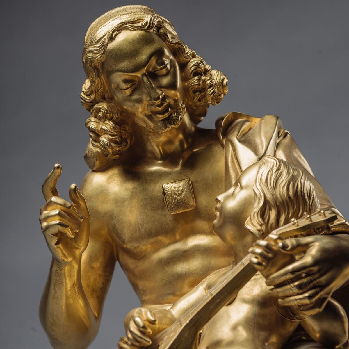 An Exceptional Pair of Restoration Period Gilt-Bronze Allegorical Groups Depicting Music and Wine