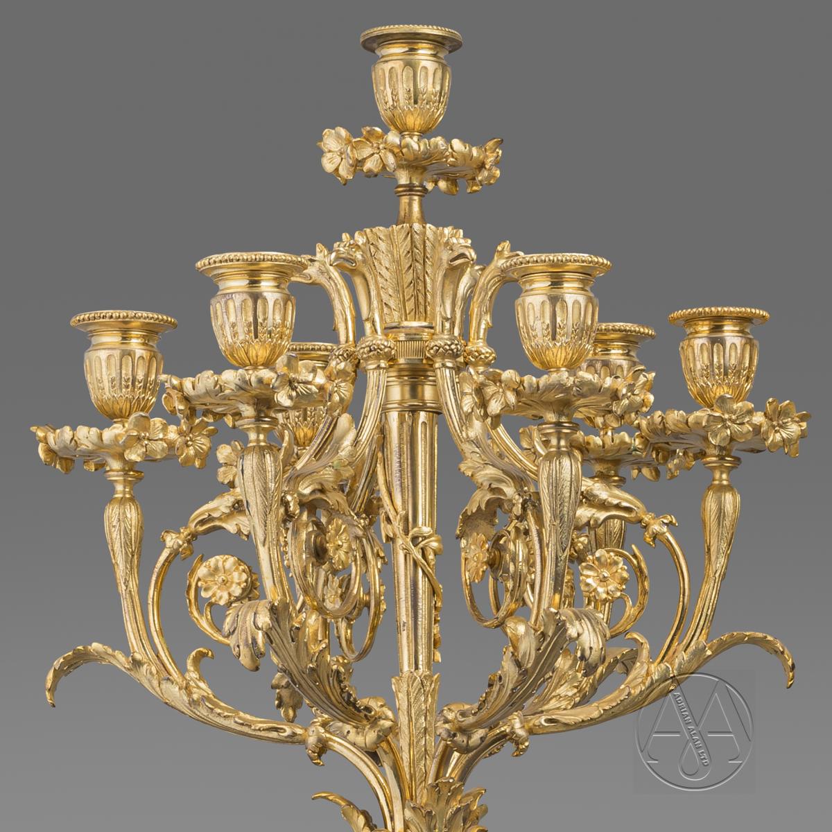 A Fine Pair of Gilt and Patinated Bronze Seven-Light Candelabra, After A Model By Clodion, Cast by Suse Frères.   French, Circa 1890.  