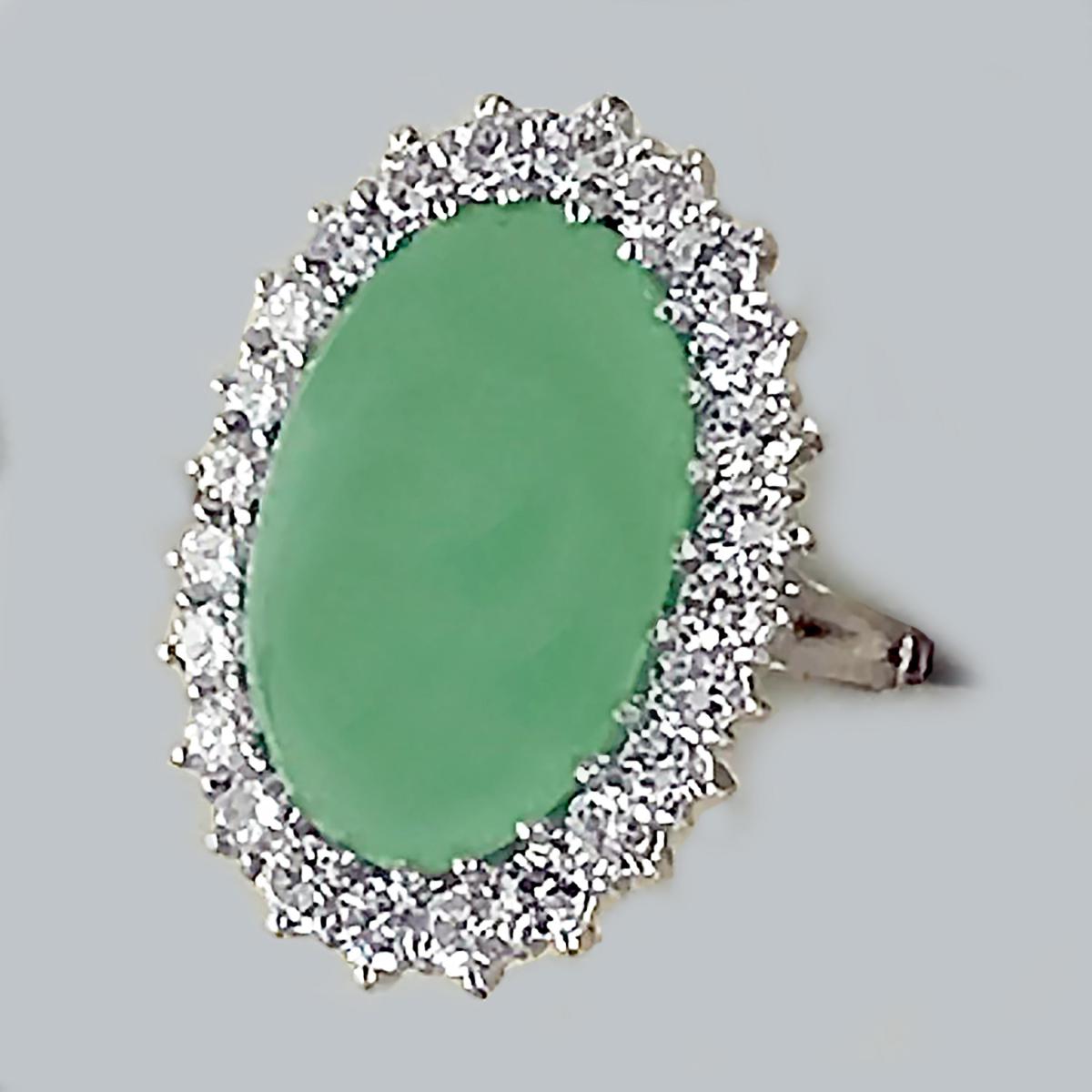 Certified Natural Cabochon Cut Jade and Diamond Ring, Circa 1970