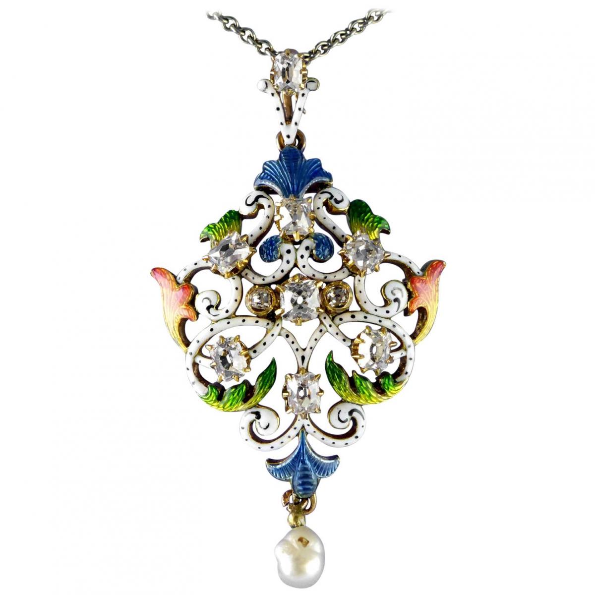 Art Nouveau Guilloché Enamel, Diamond, Pearl, Pendant circa 1900