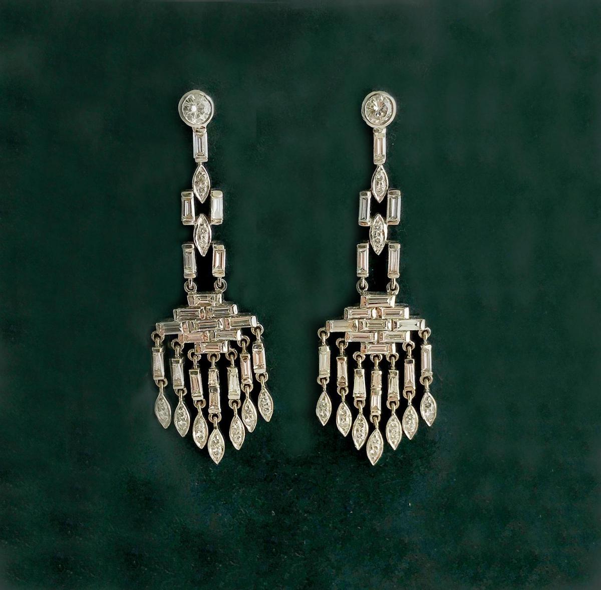 Art Deco Platinum Diamond Chandelier Earrings, Circa 1930