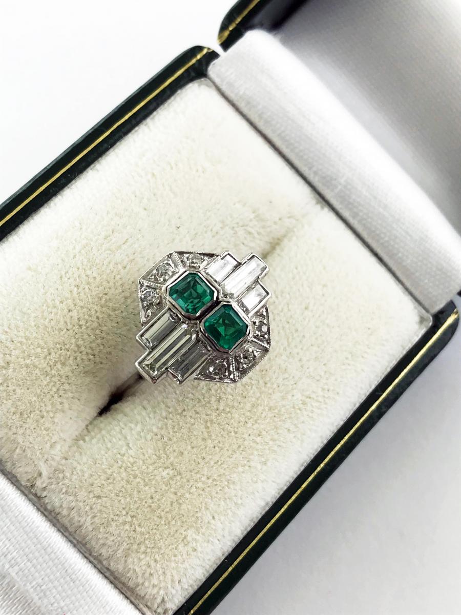 Platinum Art Deco Emerald and Diamond Ring, Circa 1920