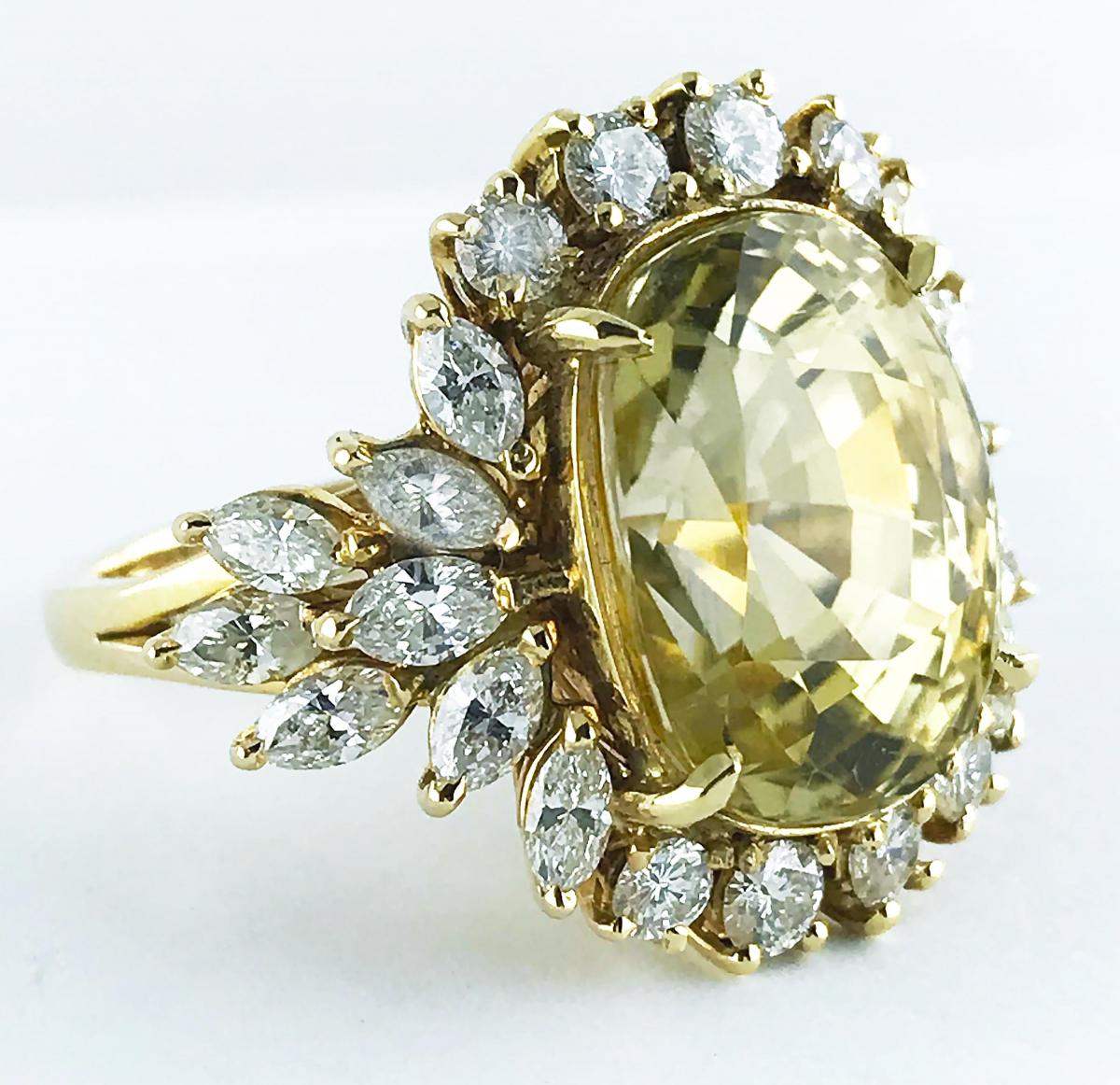 Certified Natural 16.39 Carat Cushion Cut Yellow Sapphire and Diamond Ring