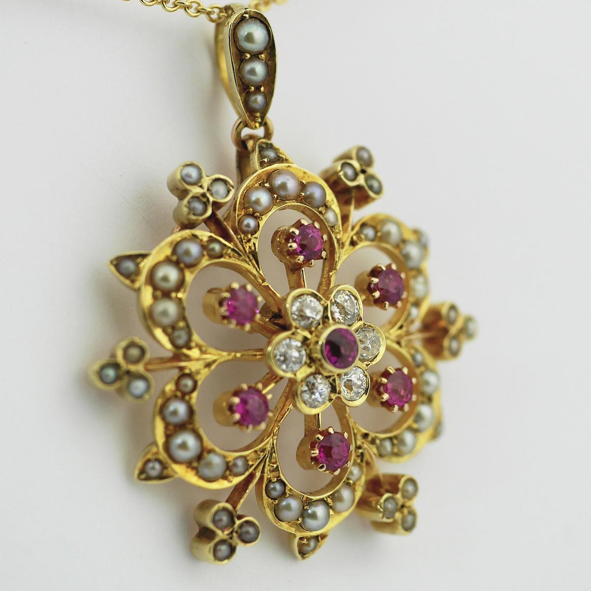 Ruby, Pearl, Diamond Victorian Pendant, Circa 1850