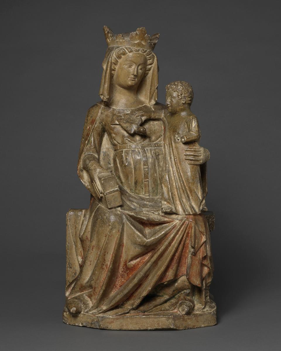 Enthroned Virgin and Child, Limestone, with original polychrome and gilding