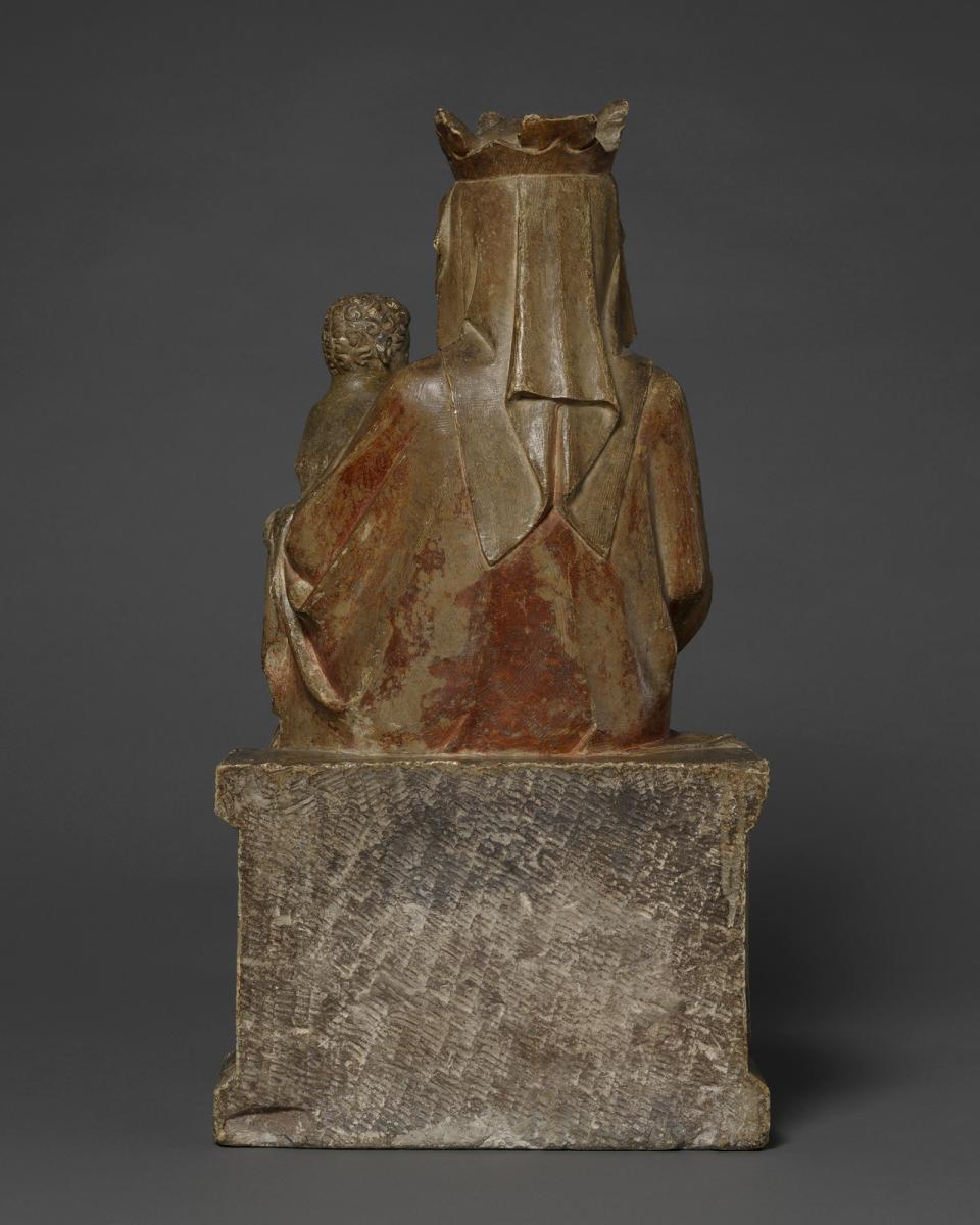 Enthroned Virgin and Child, Limestone, with original polychrome and gilding