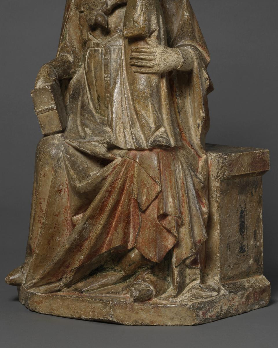 Enthroned Virgin and Child, Limestone, with original polychrome and gilding