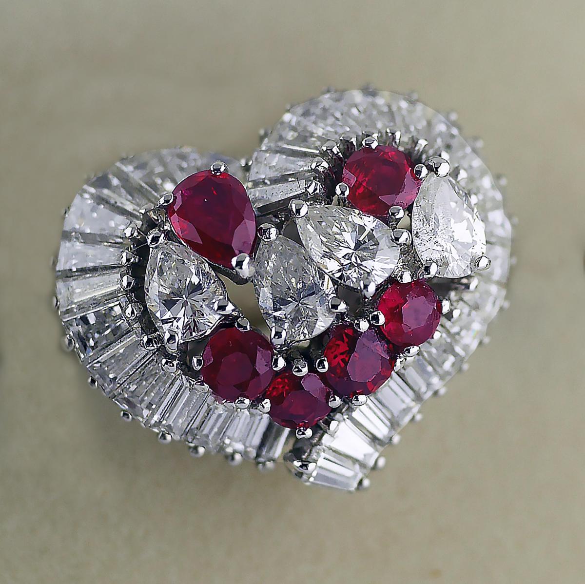 Natural Untreated Ruby Diamond Heart Cluster Ring, 1975