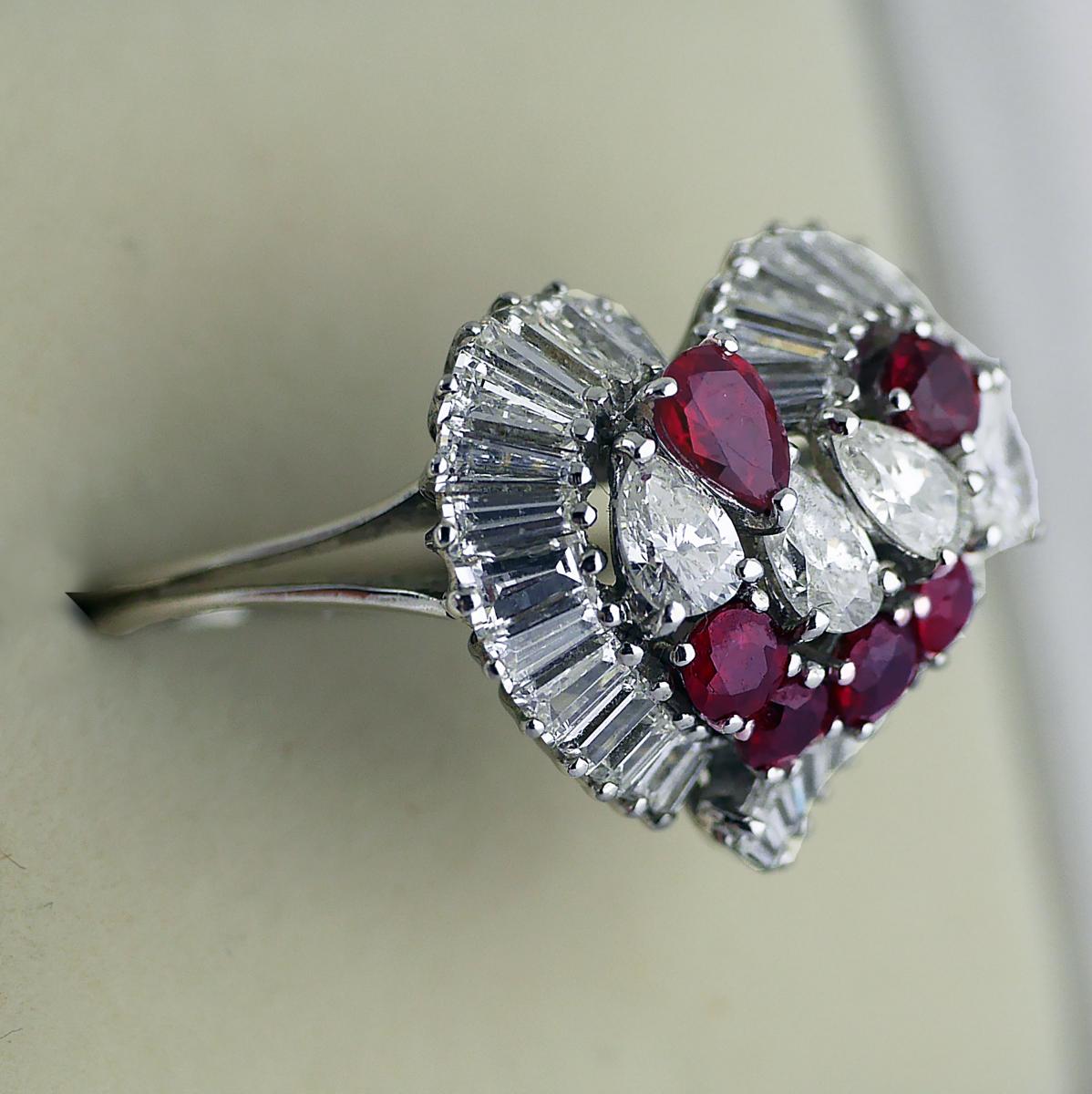 Natural Untreated Ruby Diamond Heart Cluster Ring, 1975