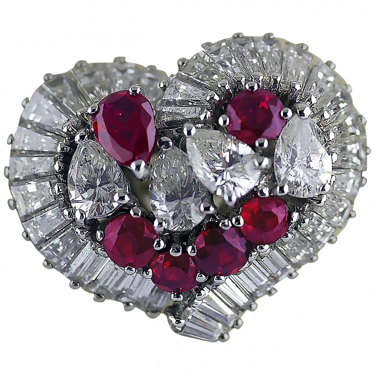 Natural Untreated Ruby Diamond Heart Cluster Ring, 1975