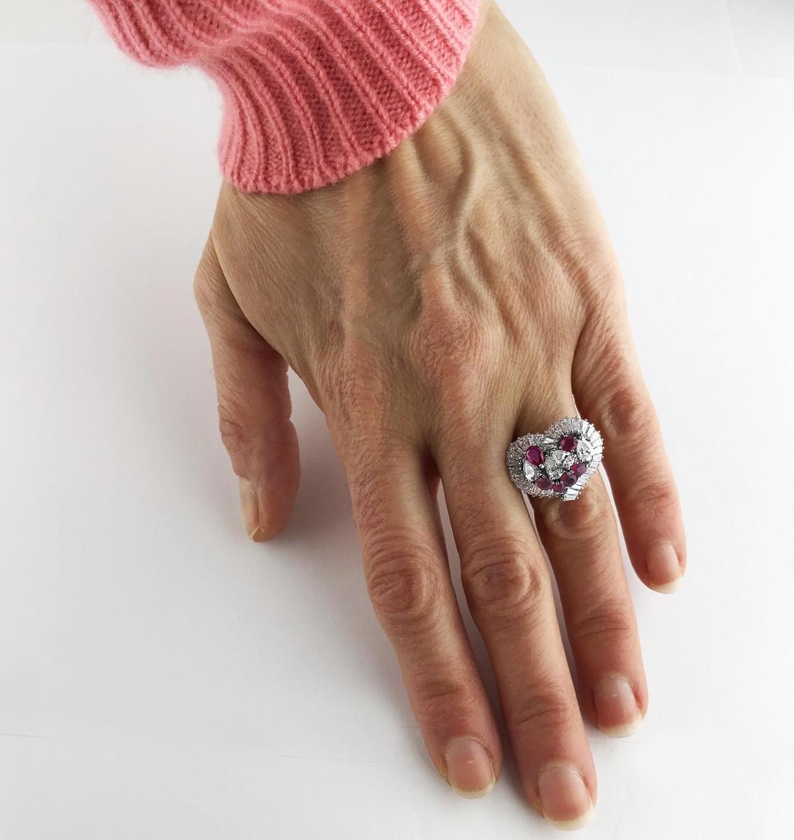 Natural Untreated Ruby Diamond Heart Cluster Ring, 1975