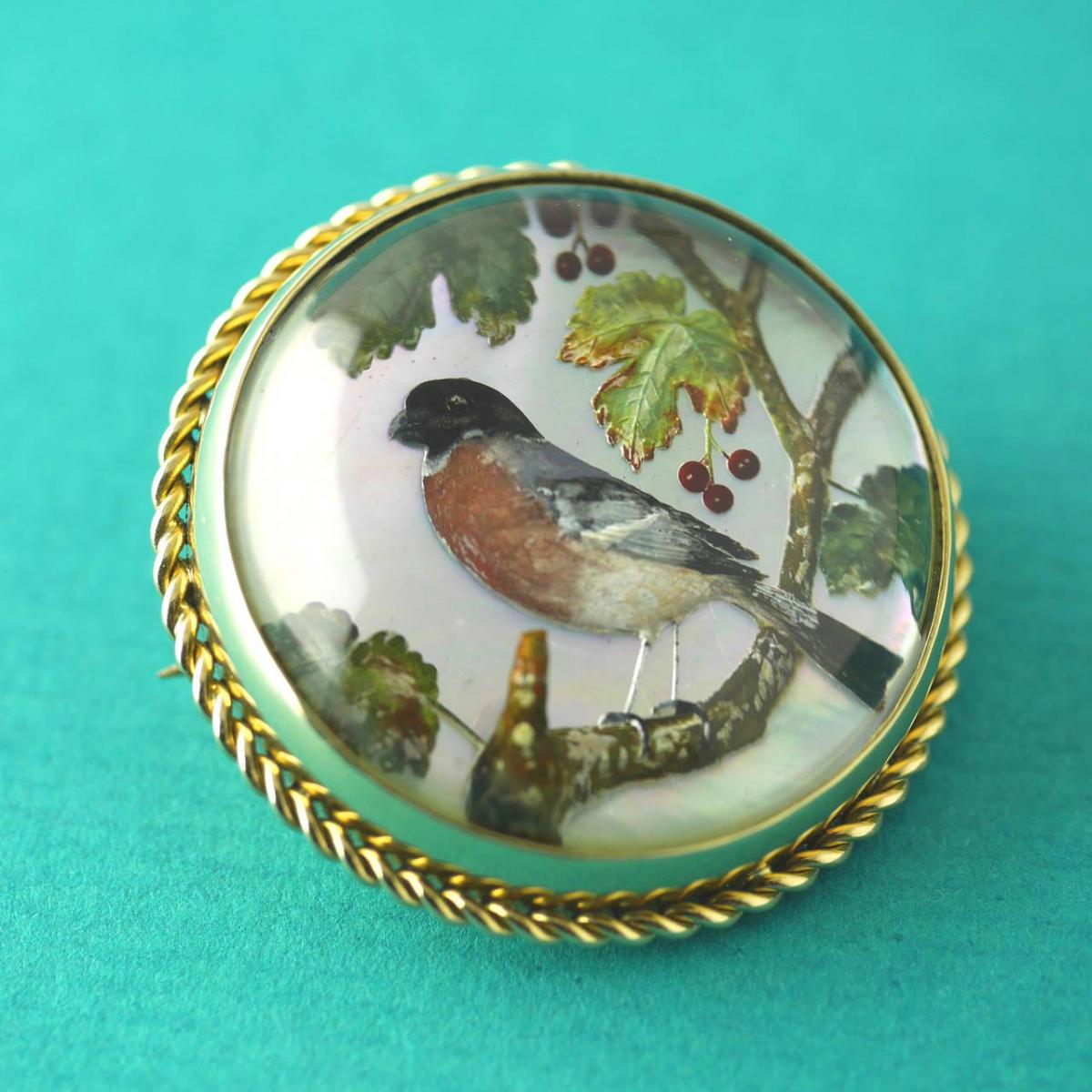Victorian Reverse Intaglio Essex Crystal Bird Brooch