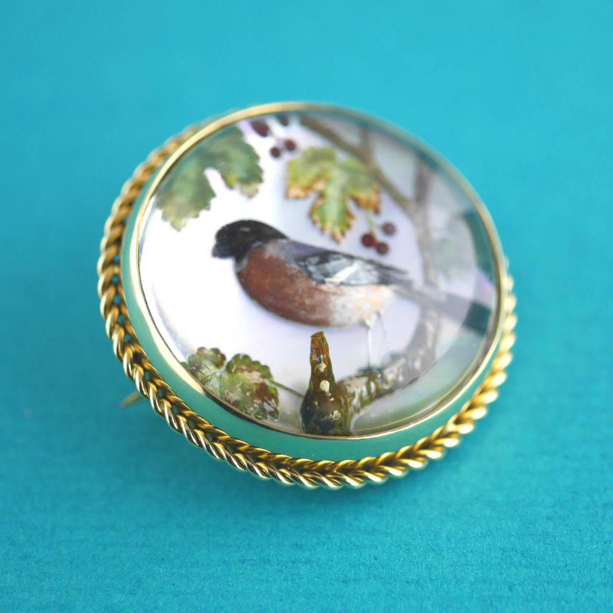 Victorian Reverse Intaglio Essex Crystal Bird Brooch