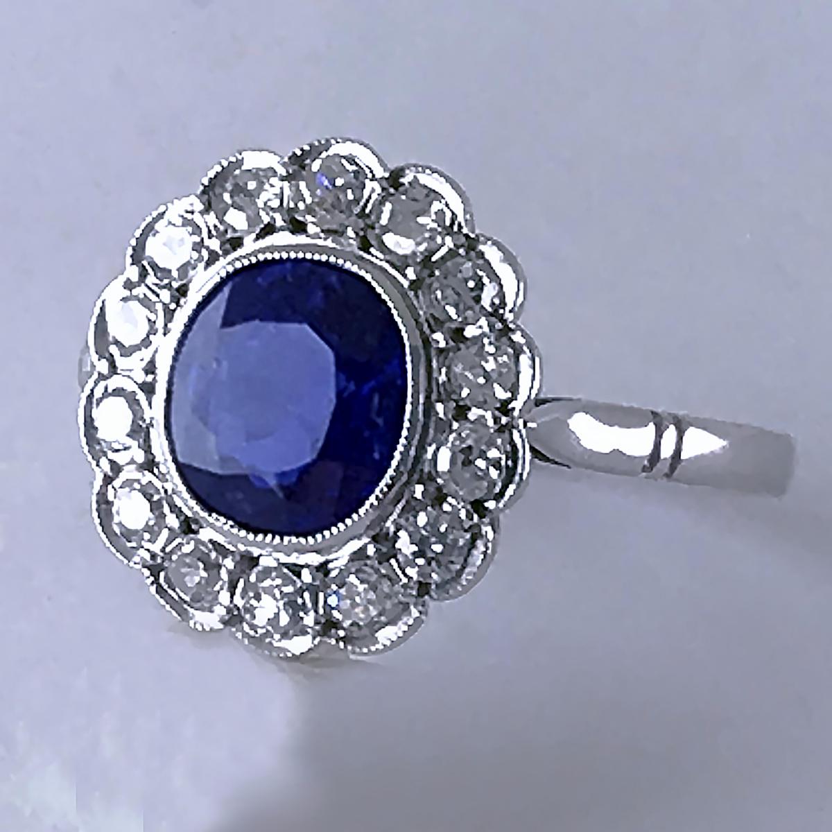 Art Deco Certificated Untreated Burma Blue Sapphire 1.44 Carat Diamond Ring