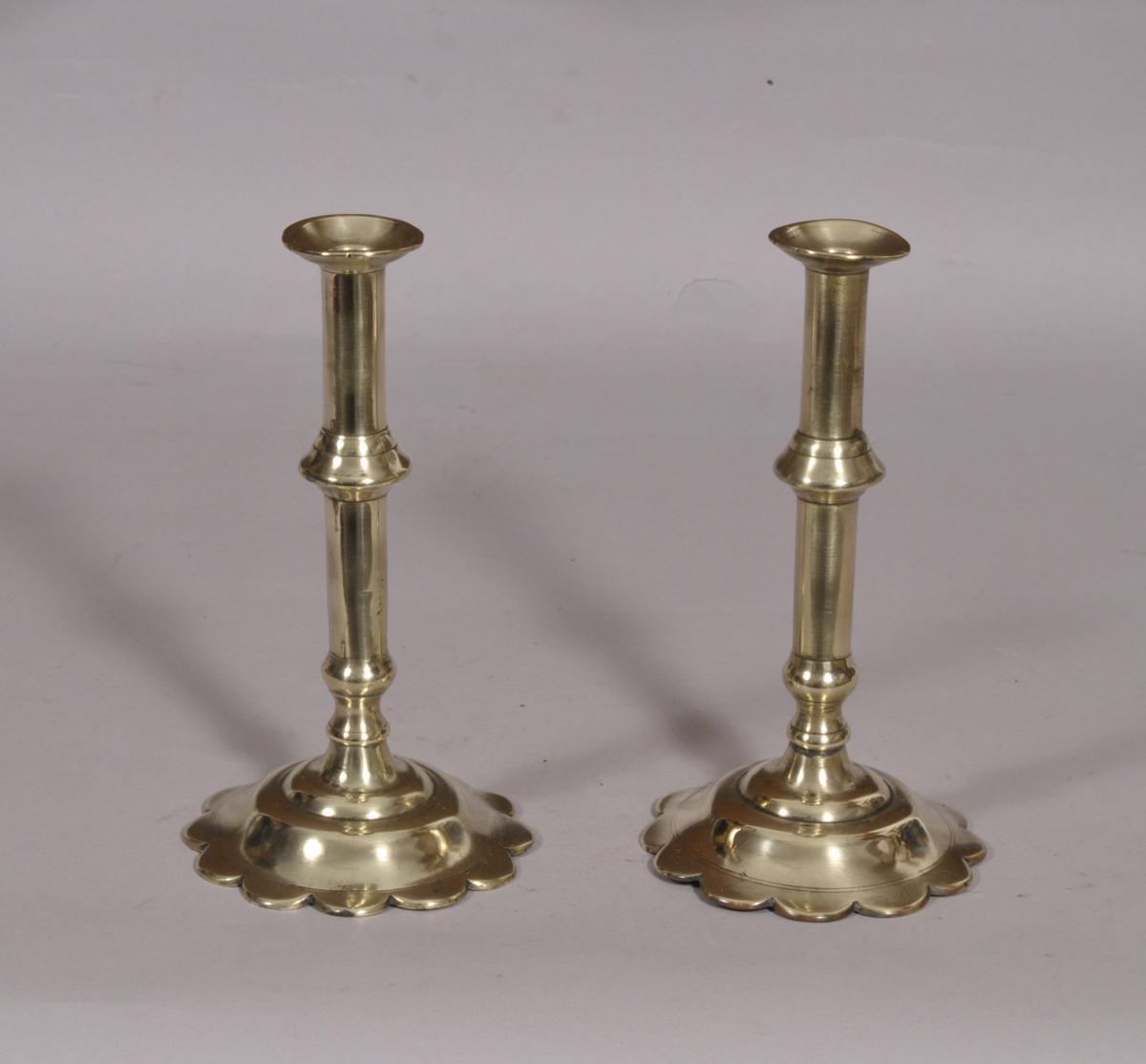 S/3990 Antique 18th Century Pair of Brass Petal Base Candlesticks