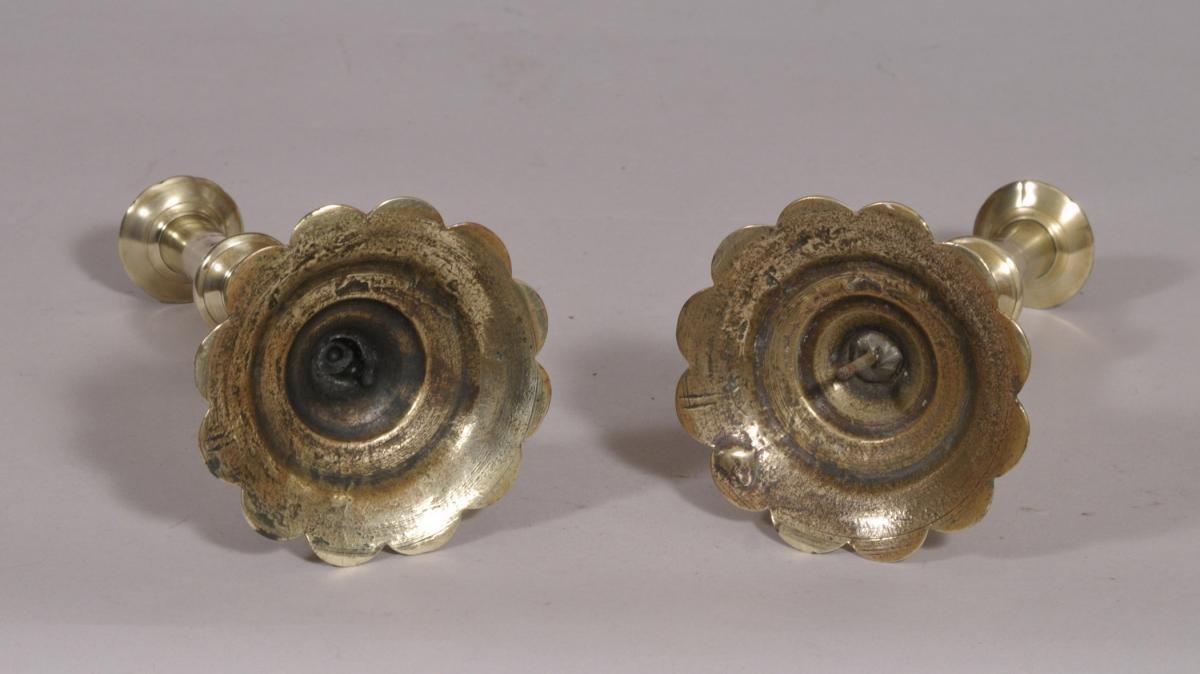 S/3990 Antique 18th Century Pair of Brass Petal Base Candlesticks