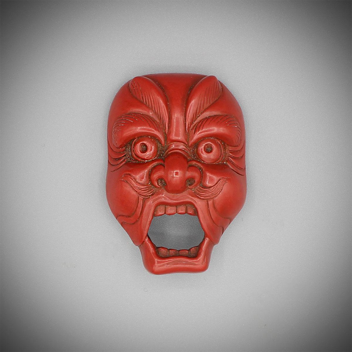 Carved Red Lacquer Mask of Genjoraku by Hosai