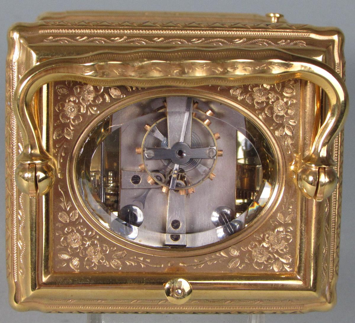 Drocourt engraved gorge carriage clock escapement