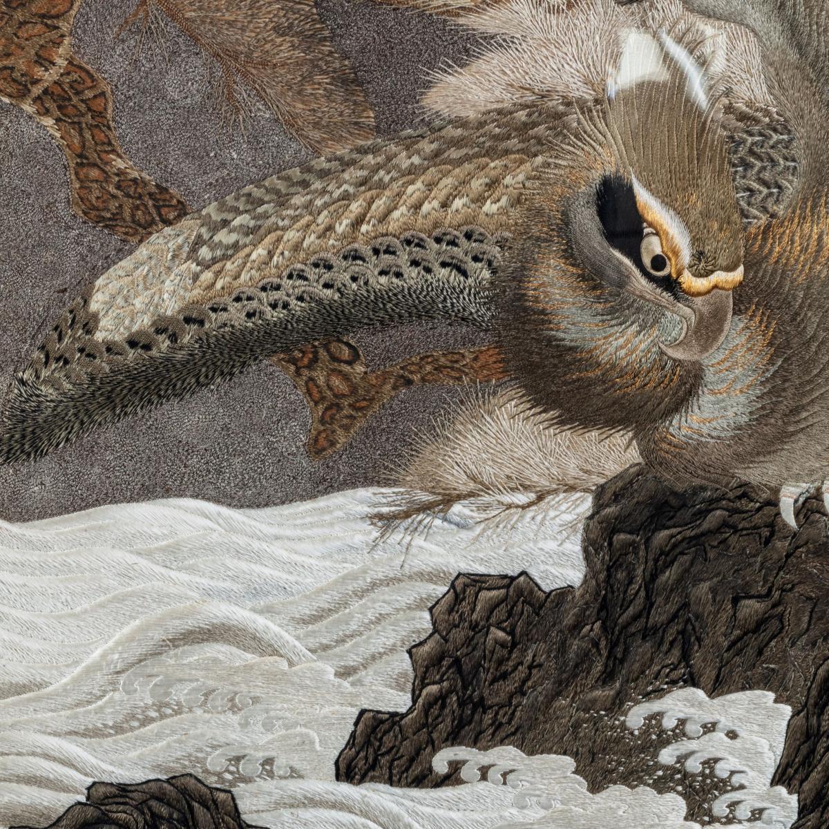A large Meiji period silk embroidery of a sea eagle