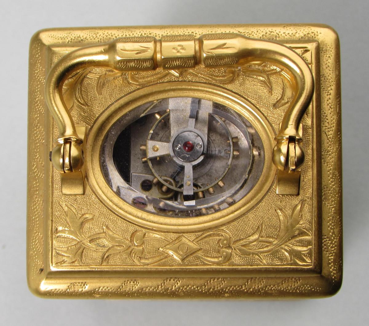 Drocourt miniature enamelled engraved carriage clock escapement