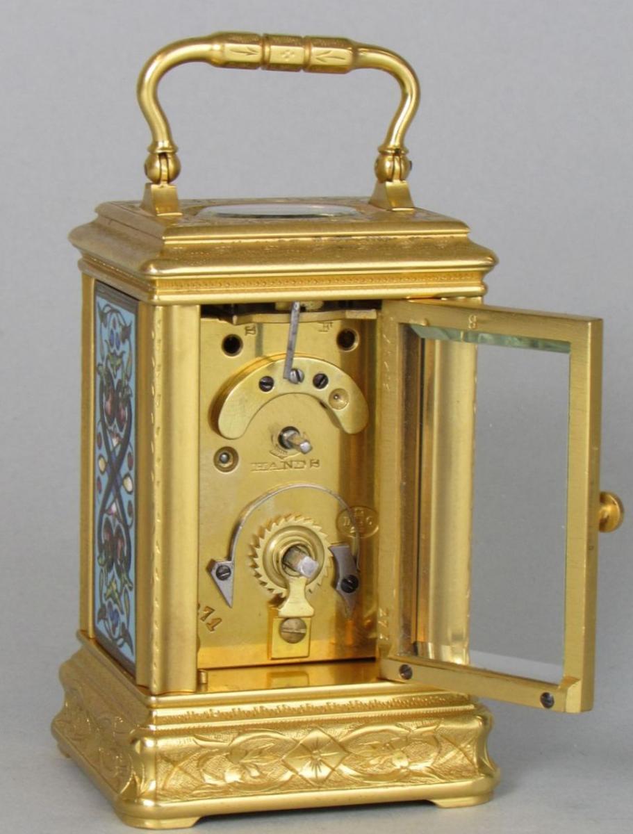 Drocourt miniature enamelled engraved carriage clock backplate