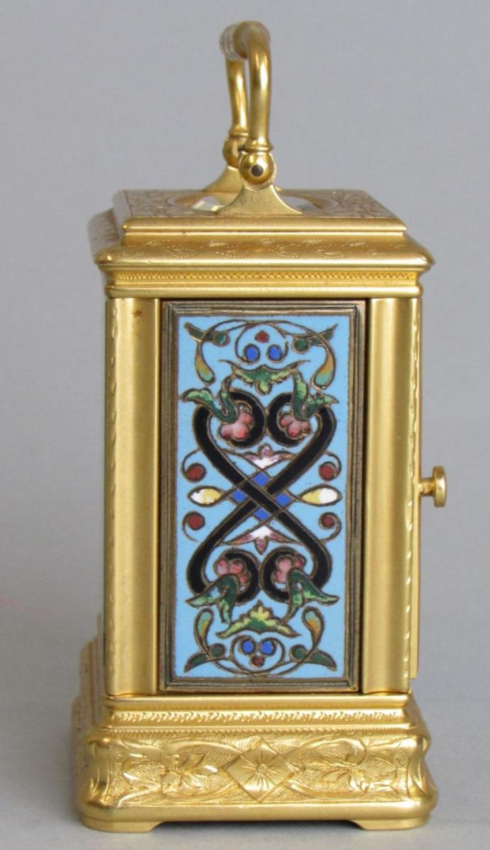 Drocourt miniature enamelled engraved carriage clock right