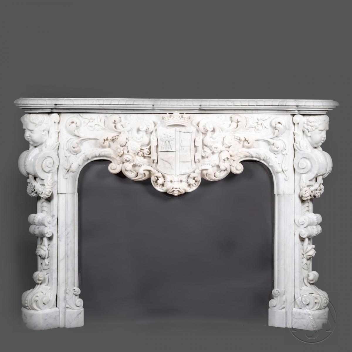 A Magnificent and Highly Important Louis XV Style White Carrara Marble Figural Fireplace.  Spanish, Circa 1870. 