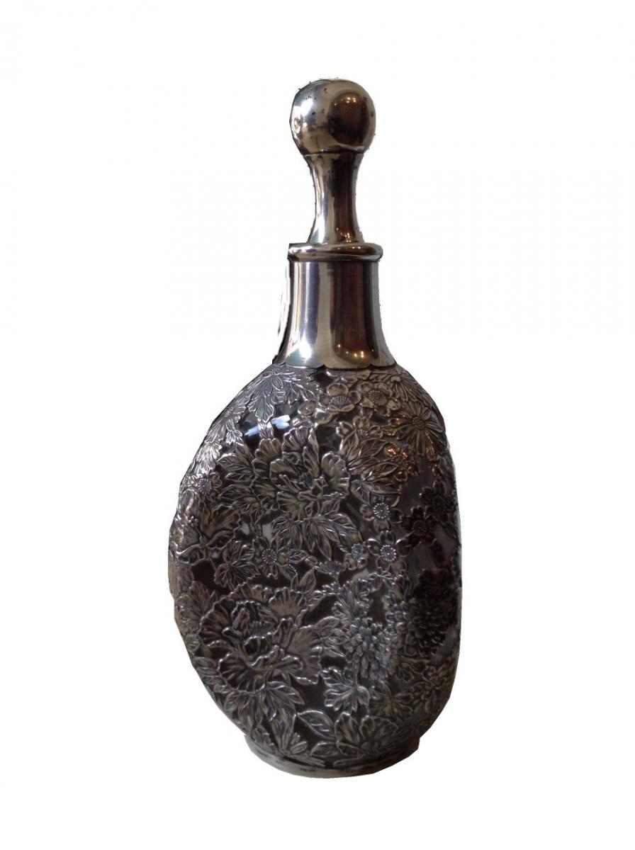 Japanese silver floral overlay decanter