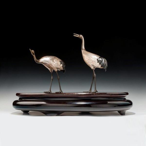 Taishō ‬period silvered bronze storks