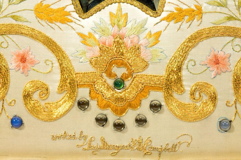 Embroidered silk and gold thread mirror Lady Margaret ED Campbell