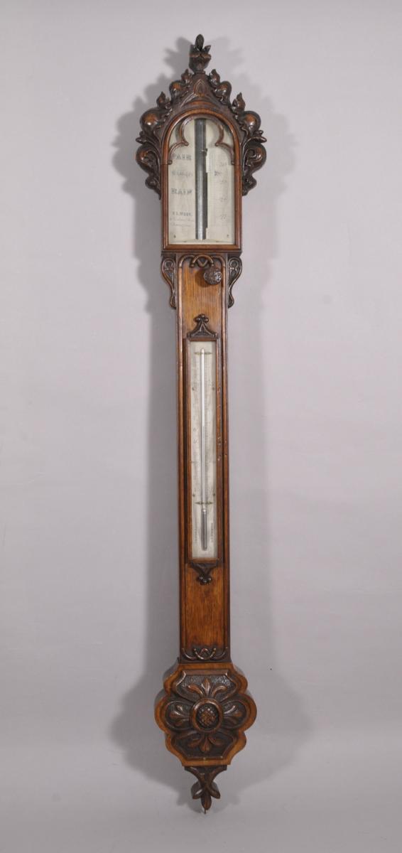 S/3991 Antique 19th Century Carved Oak Mercurial Stick Barometer by Francis Linsell West