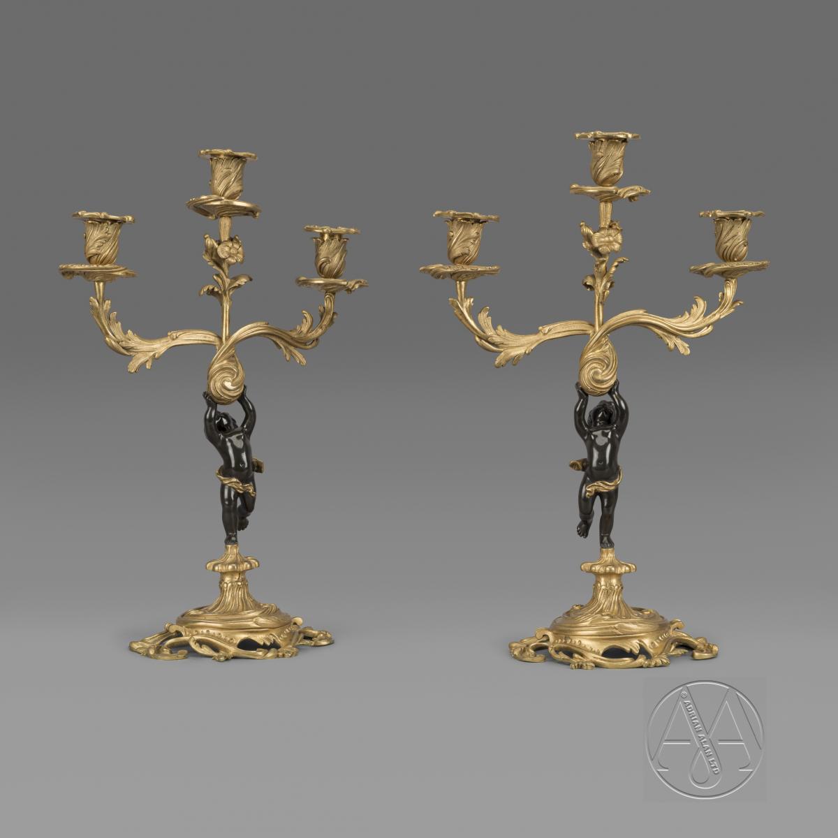 A Fine Louis XV Style Gilt and Patinated Bronze Figural Clock Garniture by Maison Baguès. French, Circa 1870.