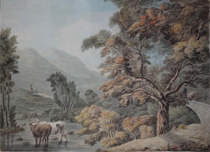 Hilly landscape with cattle watering and rustics on donkeys, Ann Baring (1758 -1804) 