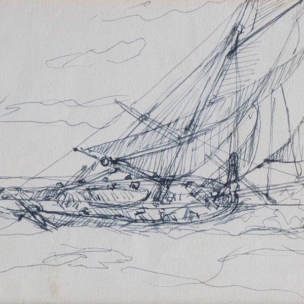 Three sketches on post cards by Montague Dawson RA