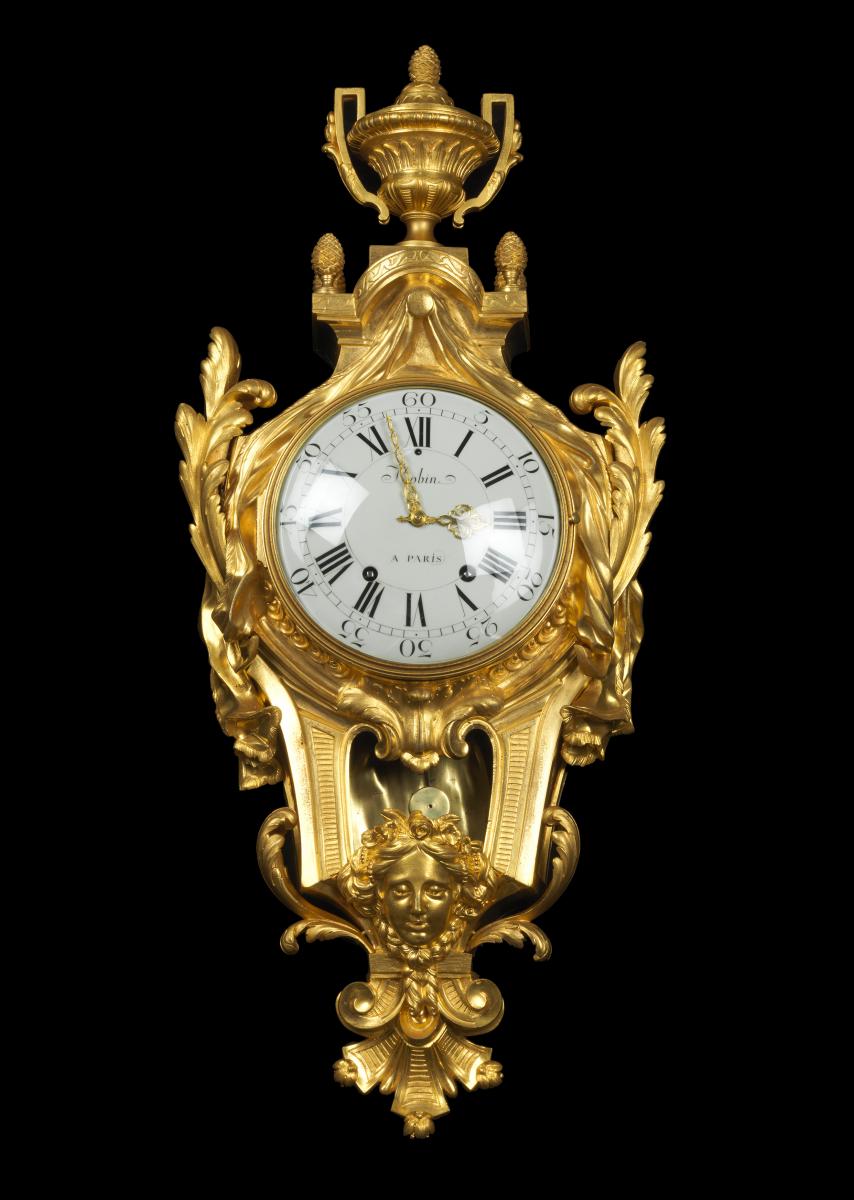 A Fine Louis XVI Ormolu Cartel Clock By Robin with Enamel dial Signed by Barbezat and Dated 1776