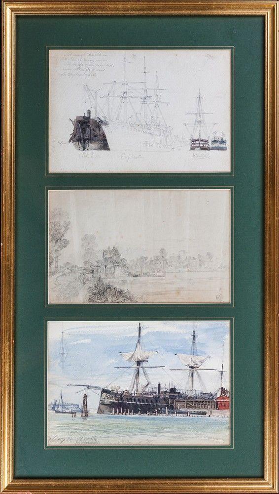 A set of three pen, ink and water colour sketches by Montague Dawson