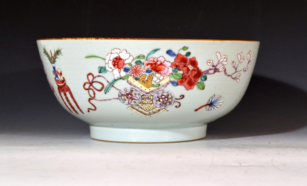 Chinese Export Famille Rose Porcelain Bowl with Chinese "Antiques" & Scholar's Items on Furniture,   Qianlong Period,   Circa 1735-40 