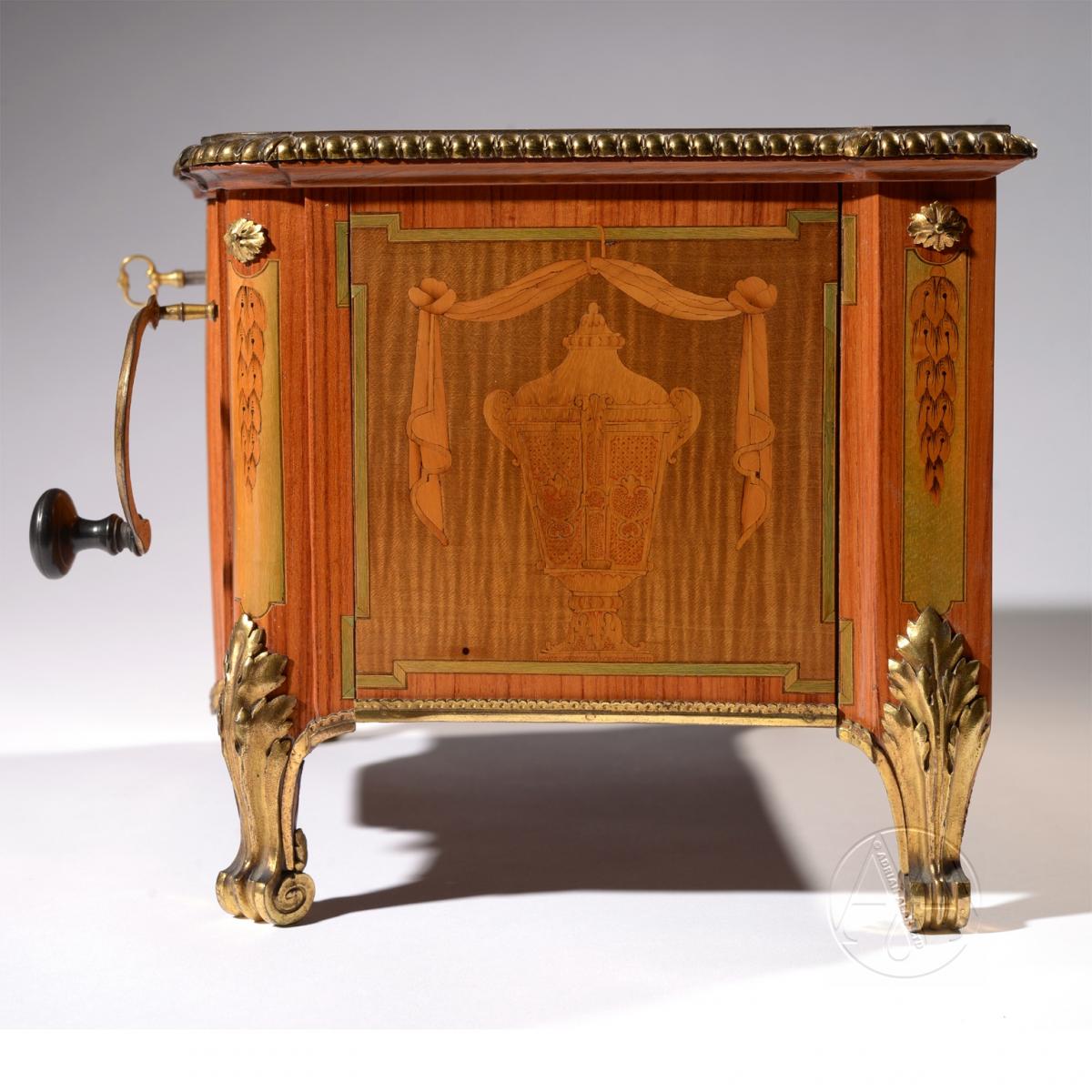 A Very Rare Louis XVI Period Serinette or Bird Organ Music Box In The Form Of A Transitional Style Gilt-Bronze Mounted and Marquetry Inlaid Miniature Commode In The Manner of Gilbert,  By Richard, Paris