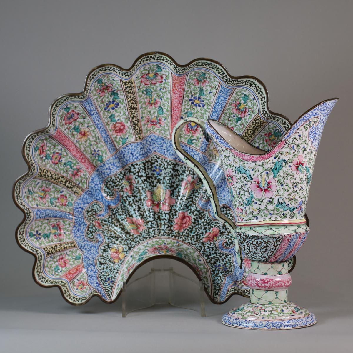 Chinese Canton enamel shell basin and ewer, mid 18th century c