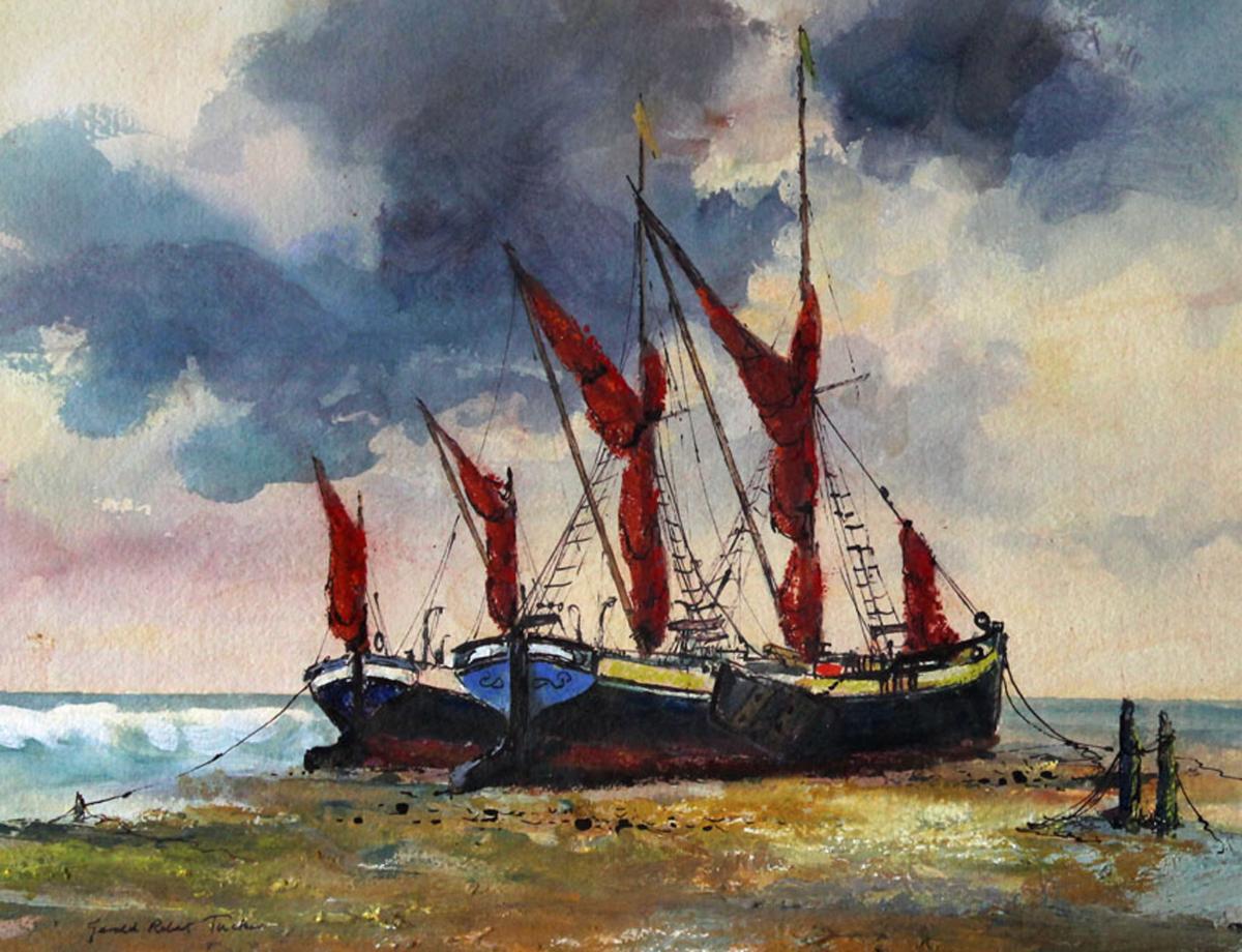Thames Barges on the Shingle near Maldon, Essex by Gerald Tucker