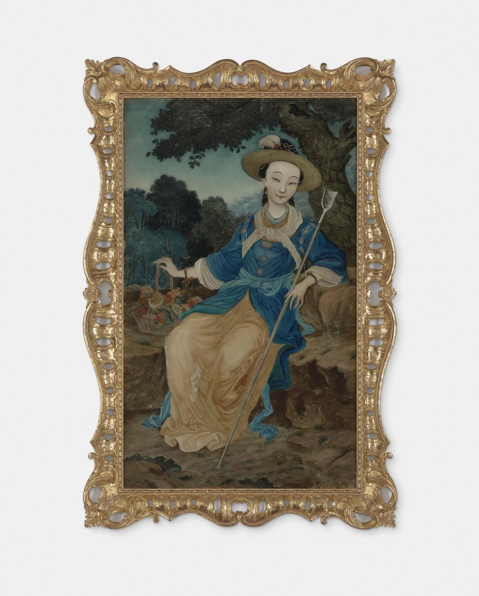 A splendid reverse-painted glass picture of a portrait depicting a young Chinese lady