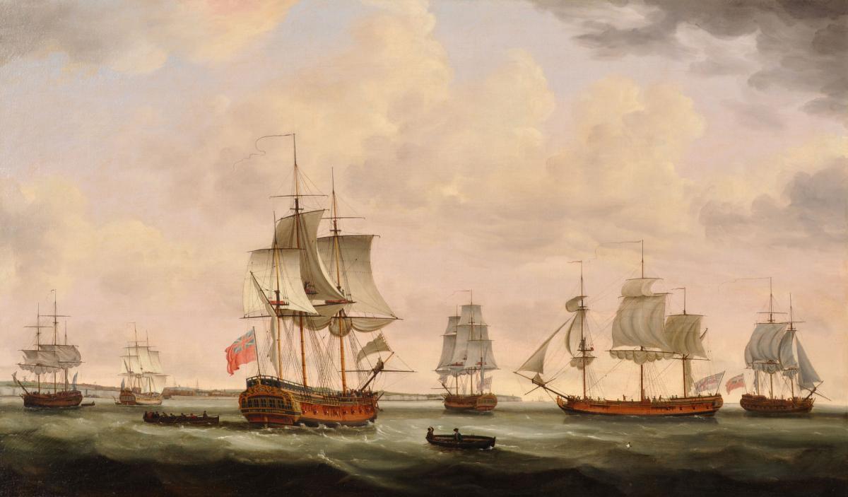 Francis Holman 1729 - 1790, East Indiamen Assembling Off The Coast With The Earl Of Effingham, The Beckford And The Land Overly In The Foreground
