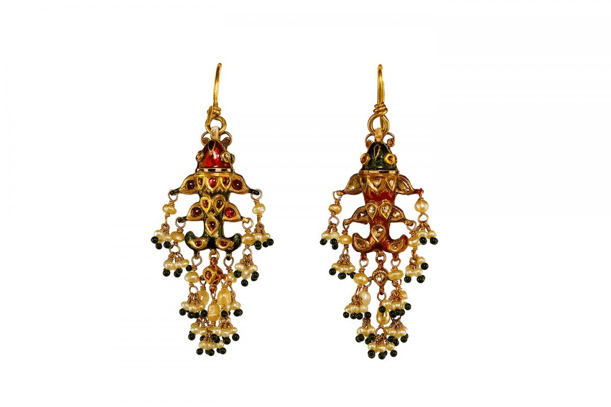 Gold enamelled drop earrings