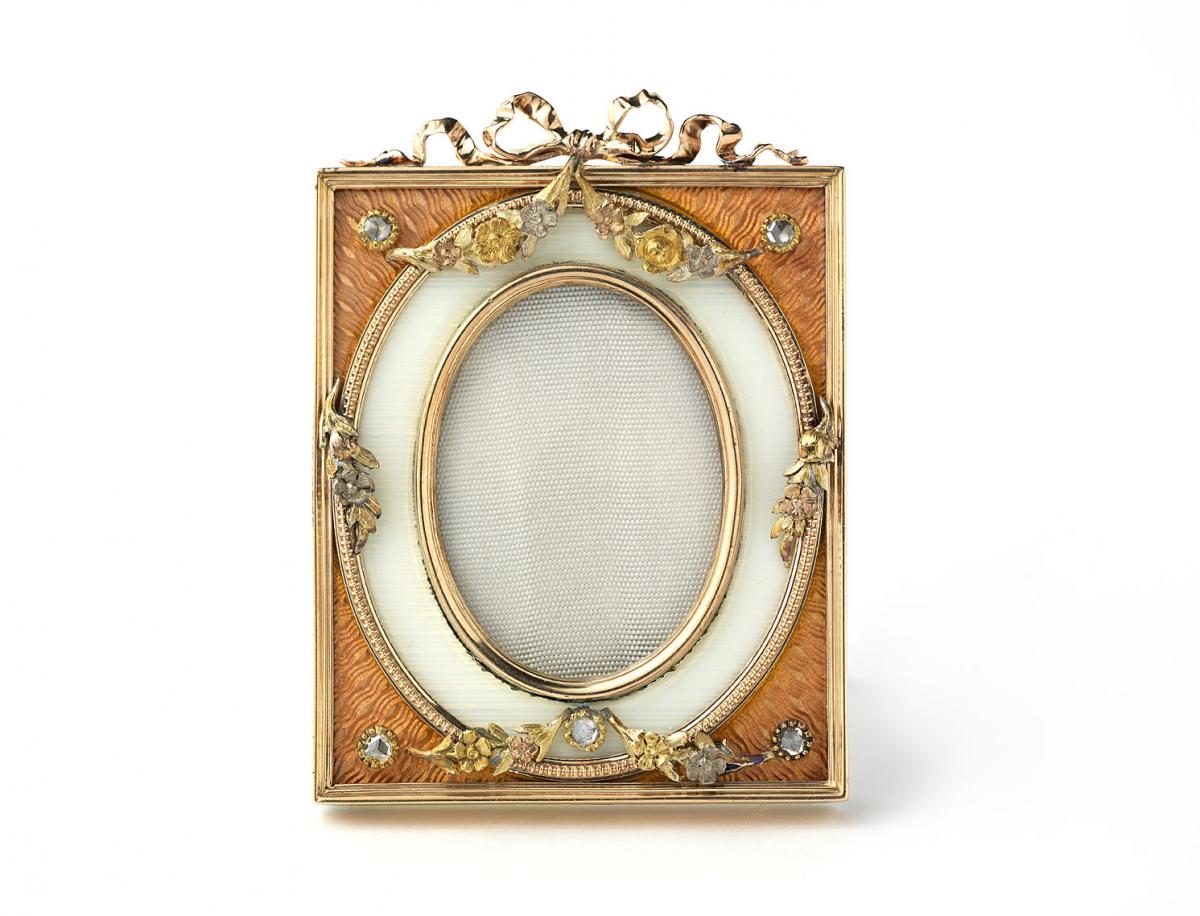 A Miniature Enamelled Gold Photograph Frame by Carl Fabergé