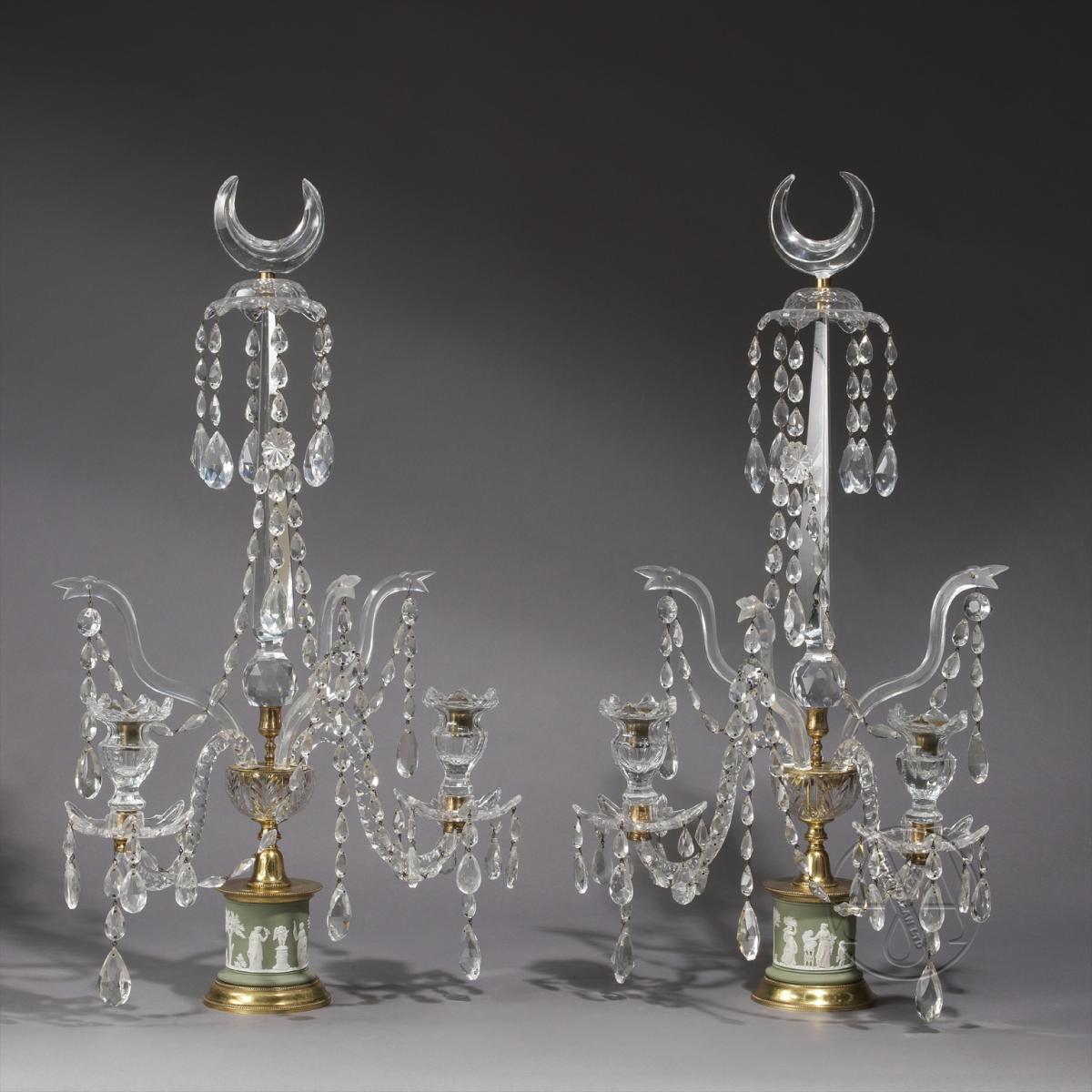 Pair of George III Style Cut-Glass and Gilt-Bronze Mounted Two-Light Candelabra