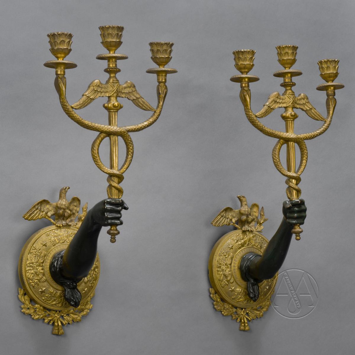 Gilt and Patinated Bronze Neoclassical Three-Light Wall Appliques