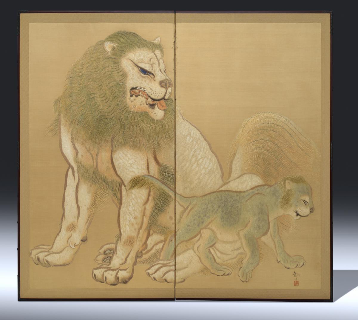 Pair of embroidered screens with lions