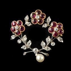 Edwardian ruby diamond and pearl brooch