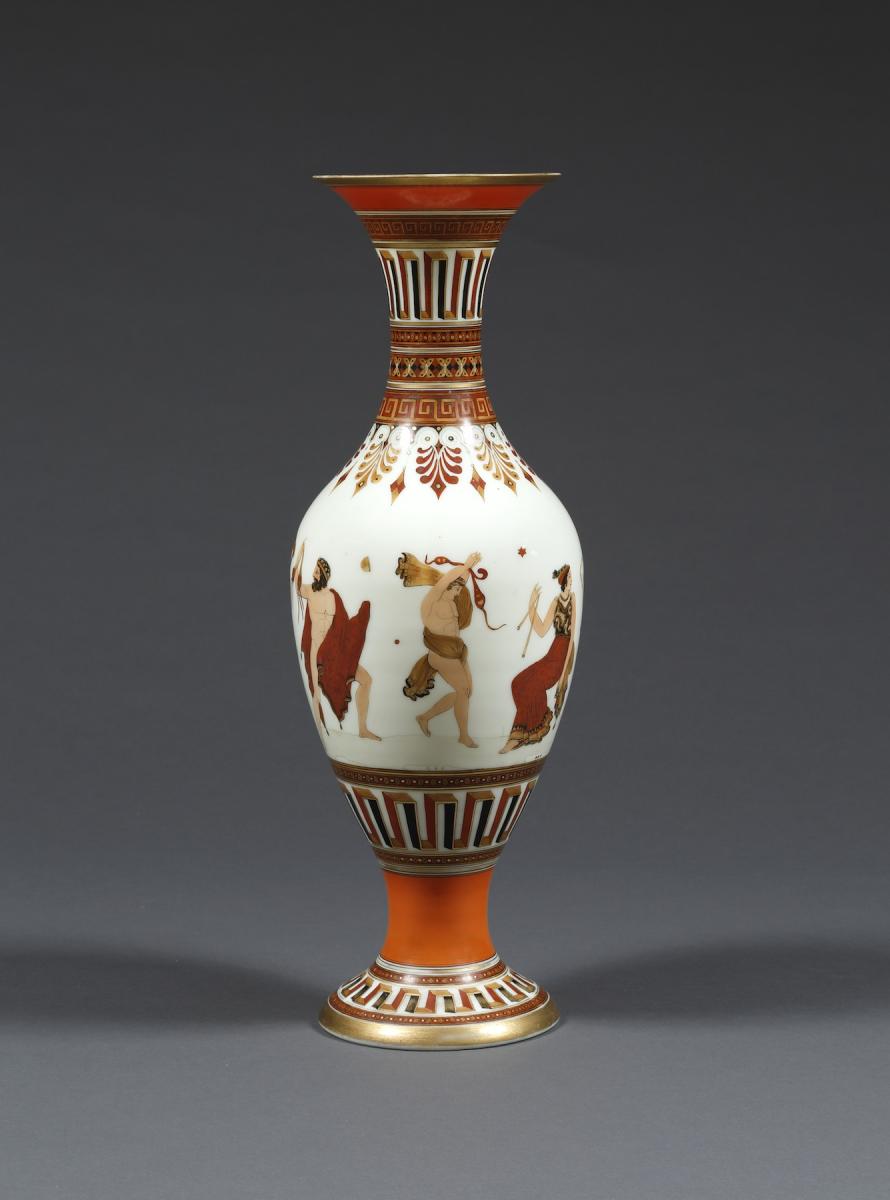 A Large Pair Of White Opaline Glass And Polychrome Enamel Vases In The 'Etruscan' Style
