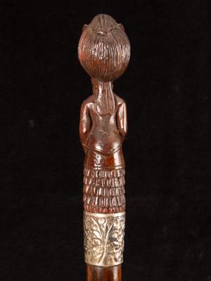 Victorian cane with a full carved wooden Lady wearing a bustle_d